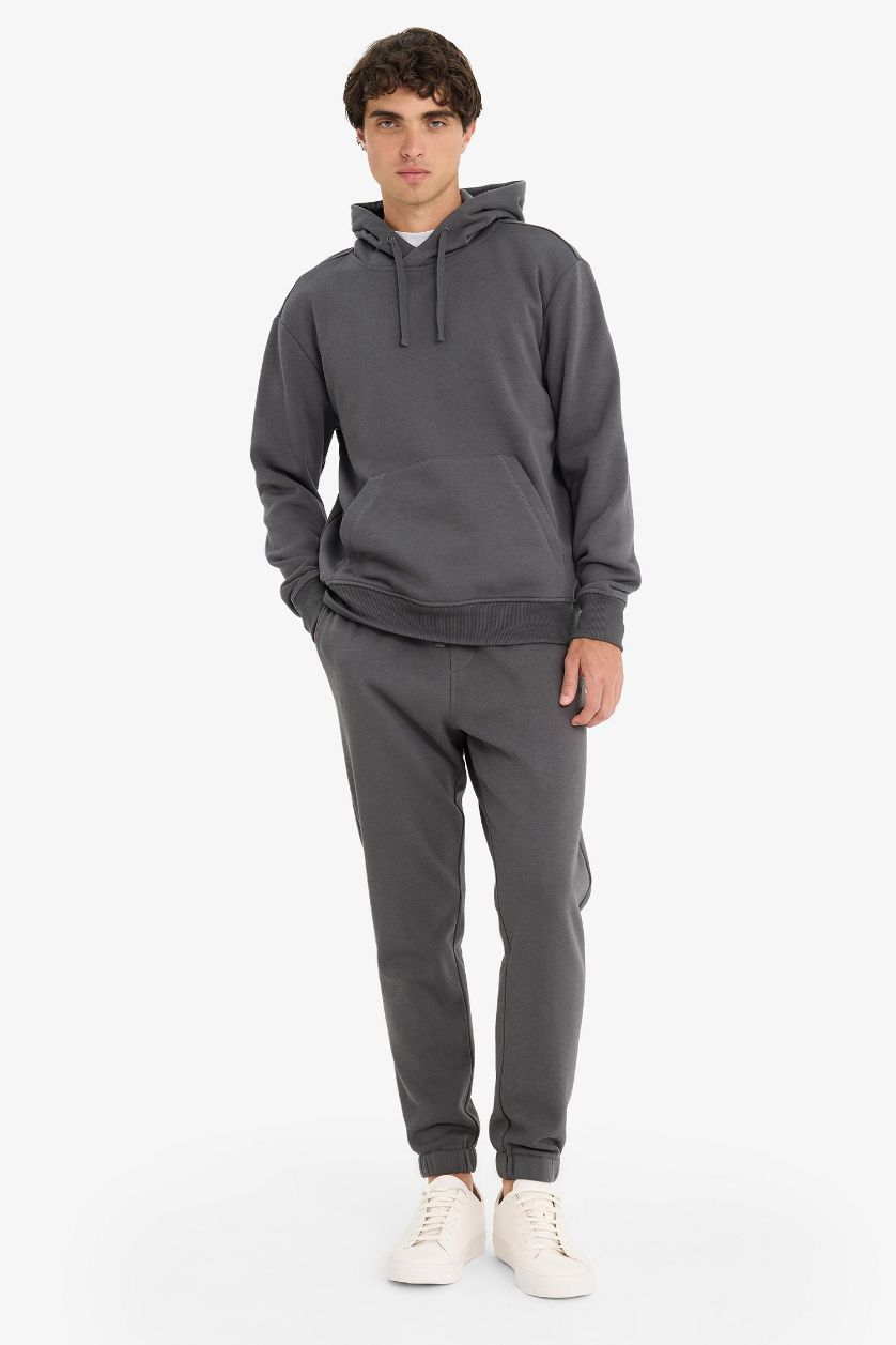 Erkek Antrasit Regular Fit Beli Bağcıklı Cepli Paçası Lastikli Şardonlu Basic Düz Jogger Eşofman Altı