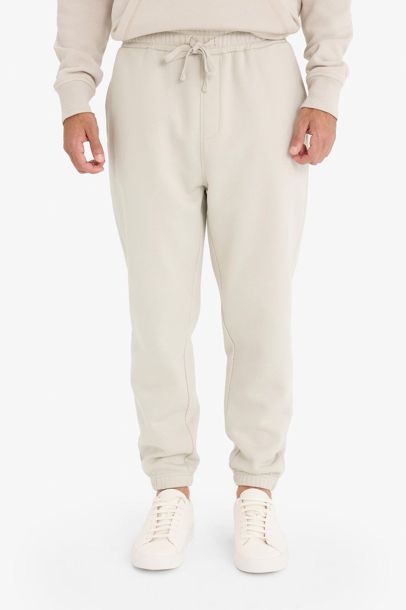 Erkek Taş Regular Fit Beli Bağcıklı Cepli Paçası Lastikli Şardonlu Basic Düz Jogger Eşofman Altı