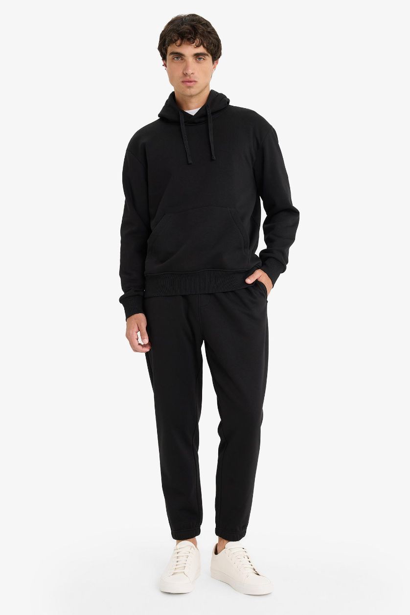 Erkek Siyah Regular Fit Beli Bağcıklı Cepli Paçası Lastikli Şardonlu Basic Düz Jogger Eşofman Altı