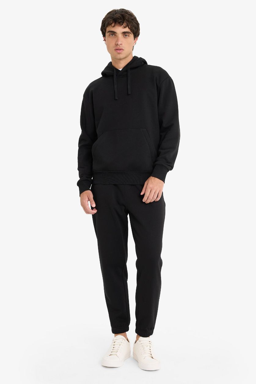 Erkek Siyah Regular Fit Beli Bağcıklı Cepli Paçası Lastikli Şardonlu Basic Düz Jogger Eşofman Altı