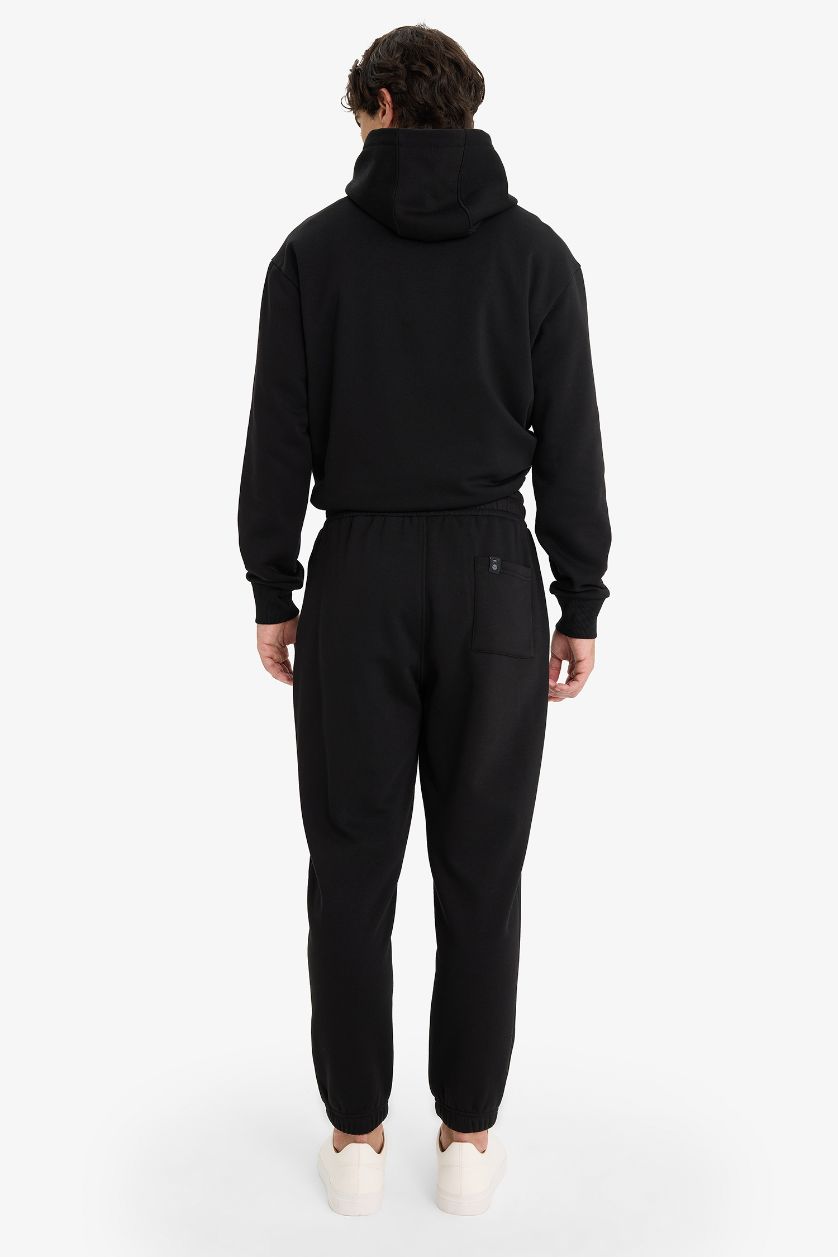 Erkek Siyah Regular Fit Beli Bağcıklı Cepli Paçası Lastikli Şardonlu Basic Düz Jogger Eşofman Altı