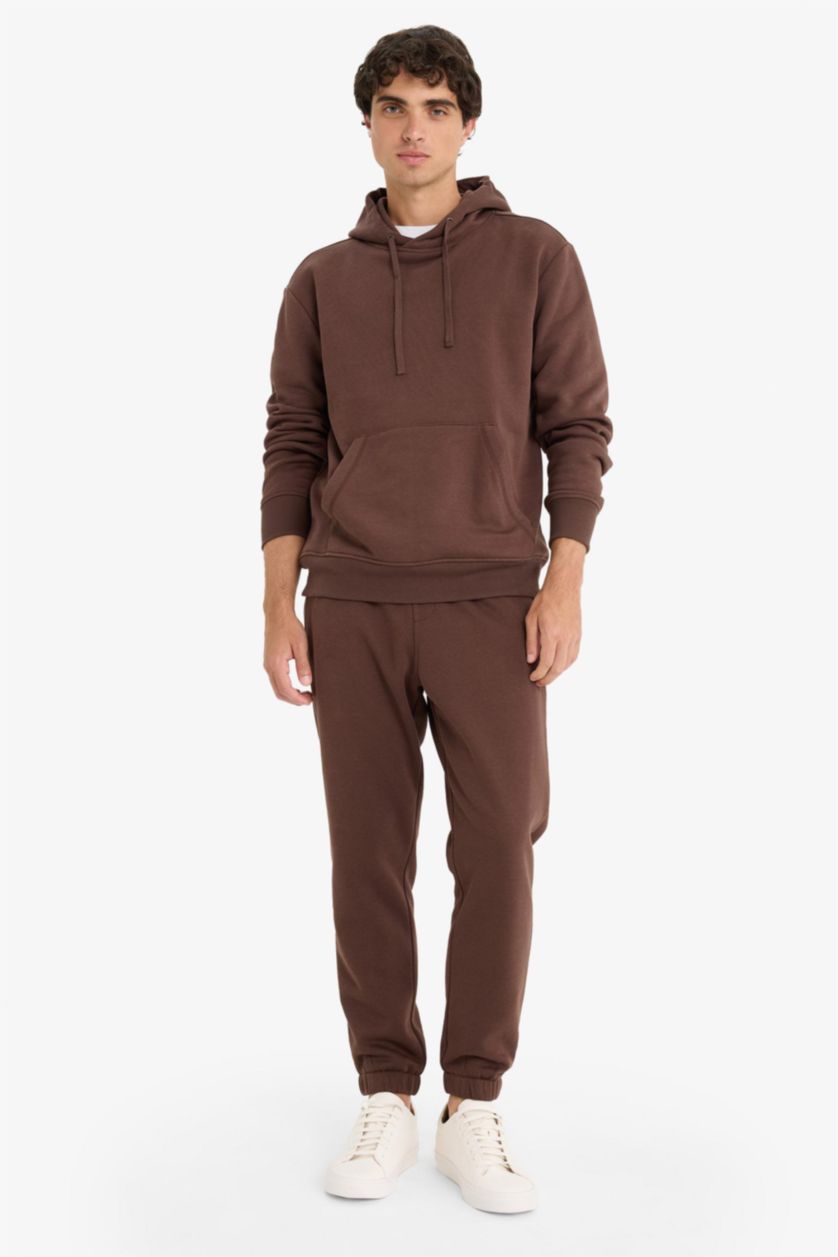 Erkek Kahve Regular Fit Beli Bağcıklı Cepli Paçası Lastikli Şardonlu Basic Düz Jogger Eşofman Altı 