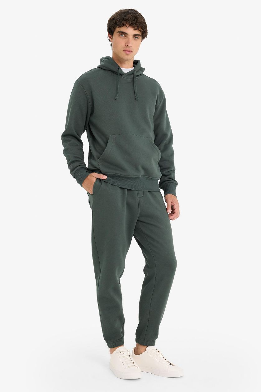 Erkek Koyu Yeşil Regular Fit Beli Bağcıklı Cepli Paçası Lastikli Şardonlu Basic Düz Jogger Eşofman Altı