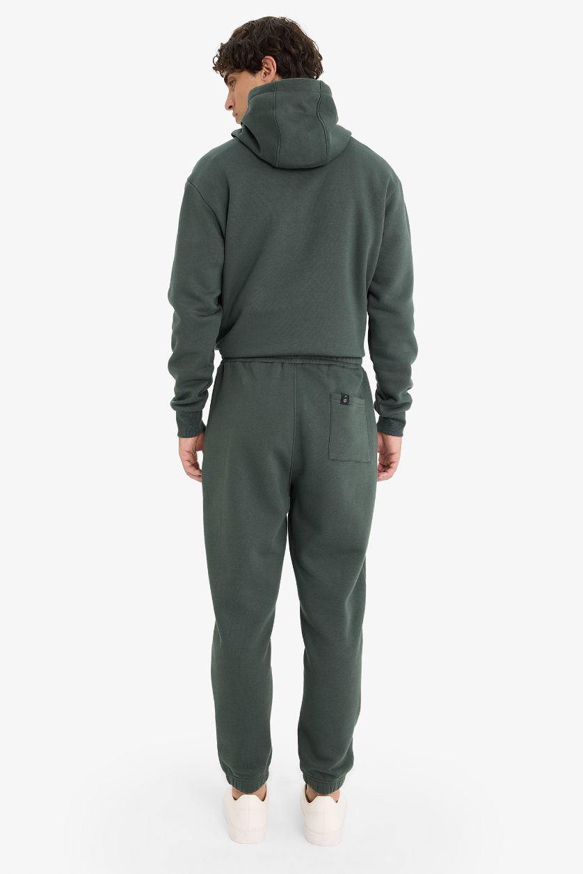 Erkek Koyu Yeşil Regular Fit Beli Bağcıklı Cepli Paçası Lastikli Şardonlu Basic Düz Jogger Eşofman Altı