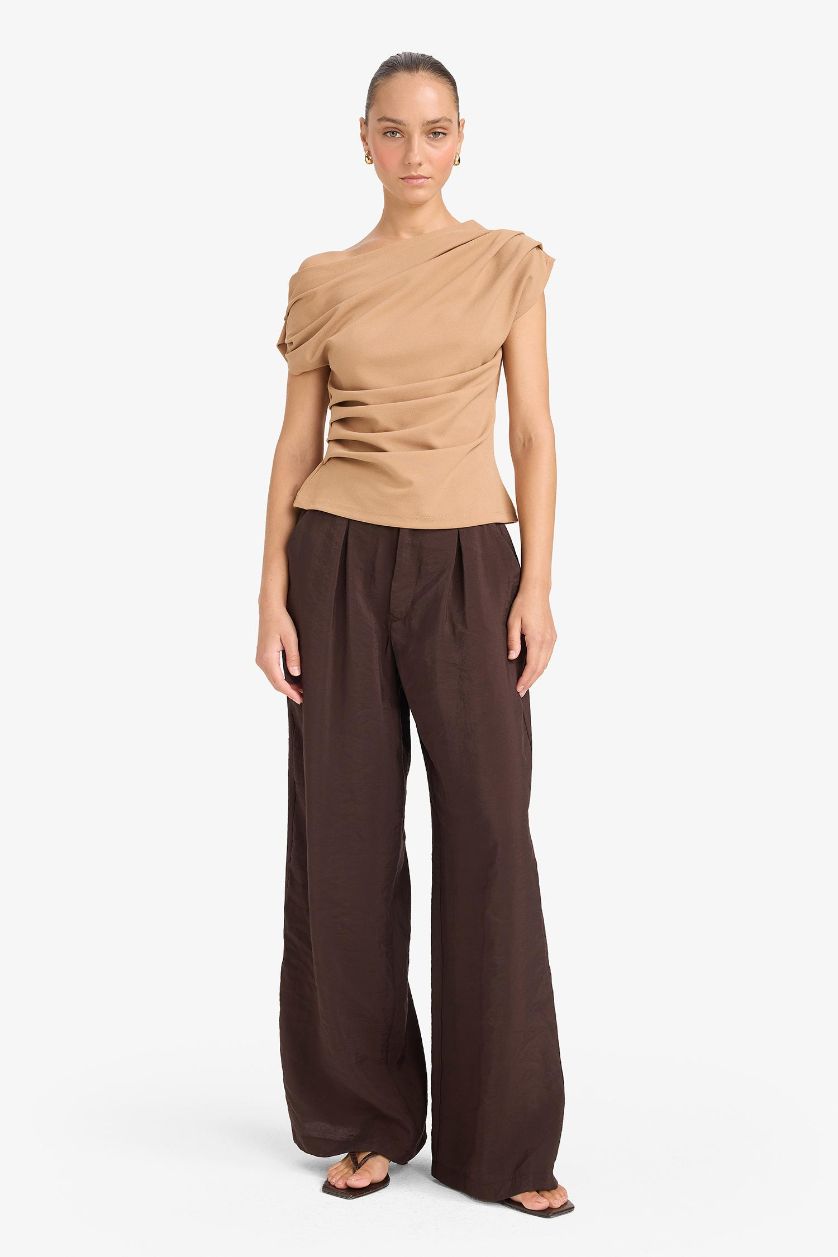 FEMME Marron Pantalon large en modal taille haute avec poches Coupe carotte