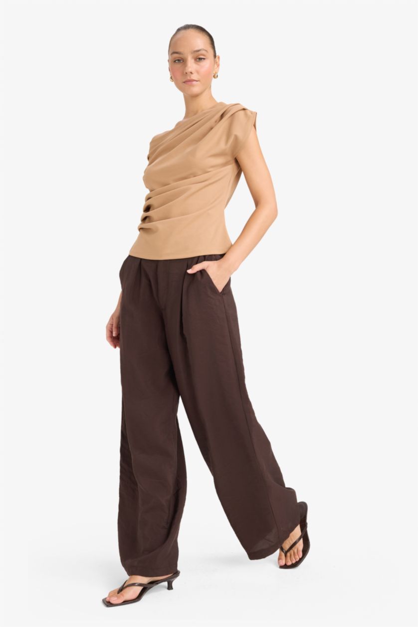 FEMME Marron Pantalon large en modal taille haute avec poches Coupe carotte