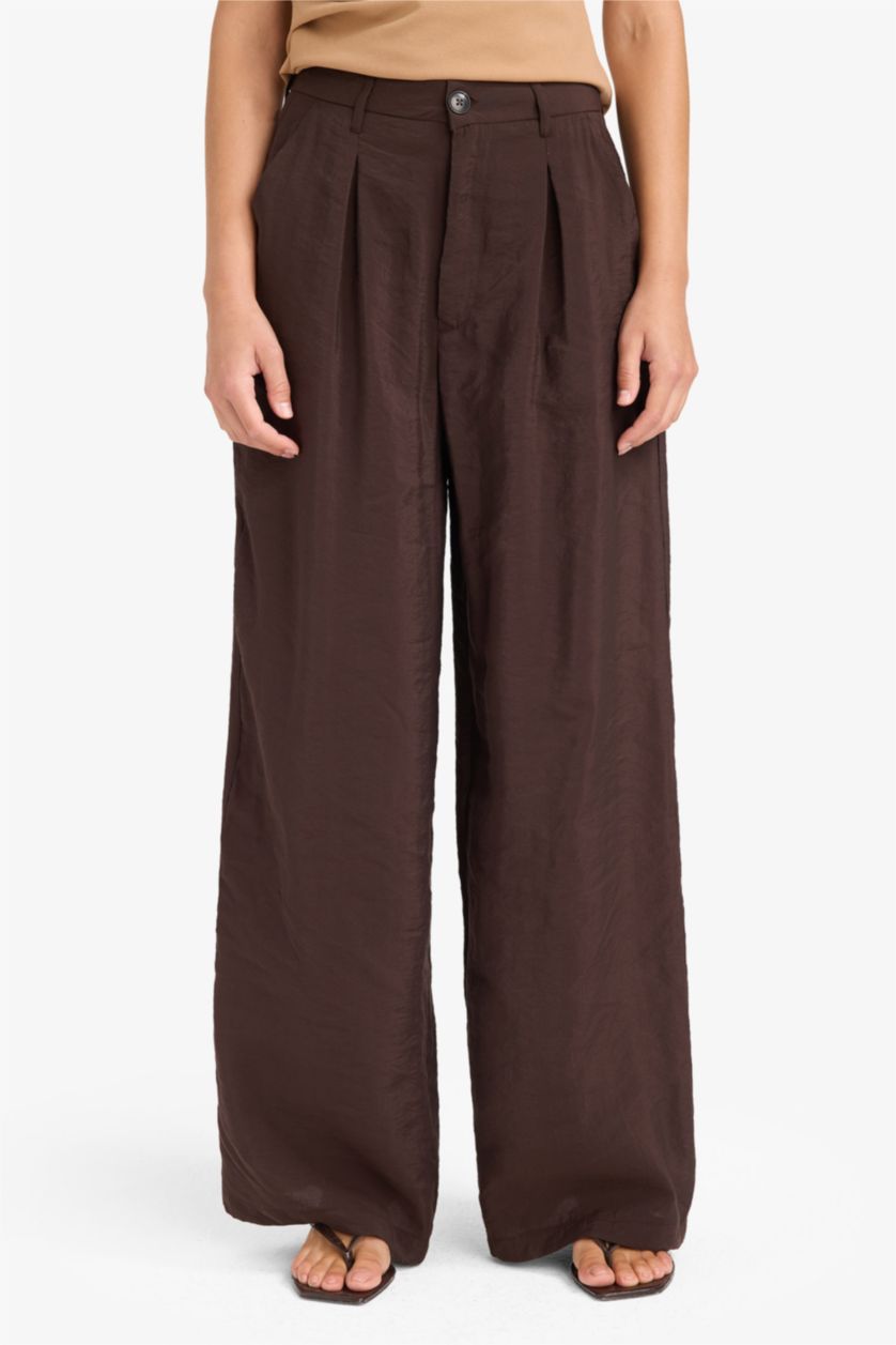 FEMME Marron Pantalon large en modal taille haute avec poches Coupe carotte