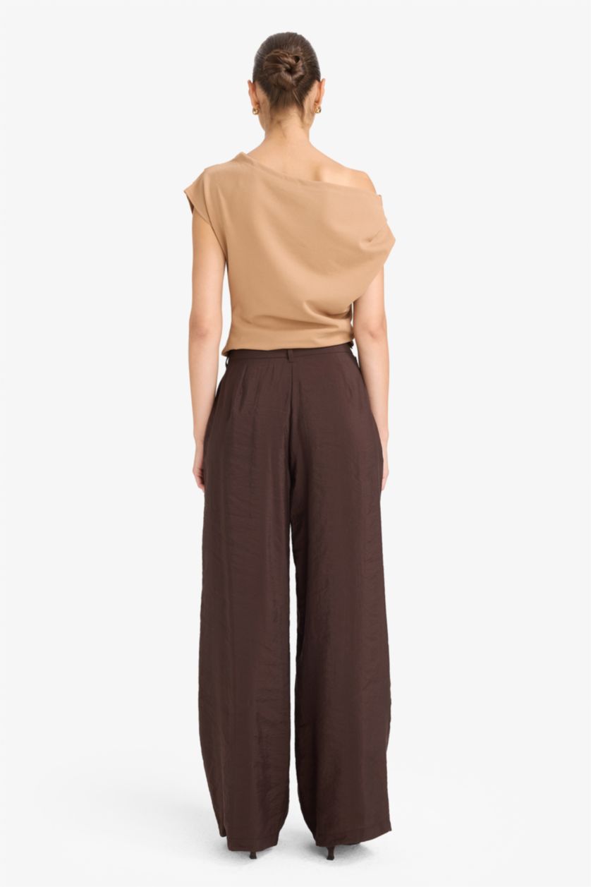 FEMME Marron Pantalon large en modal taille haute avec poches Coupe carotte