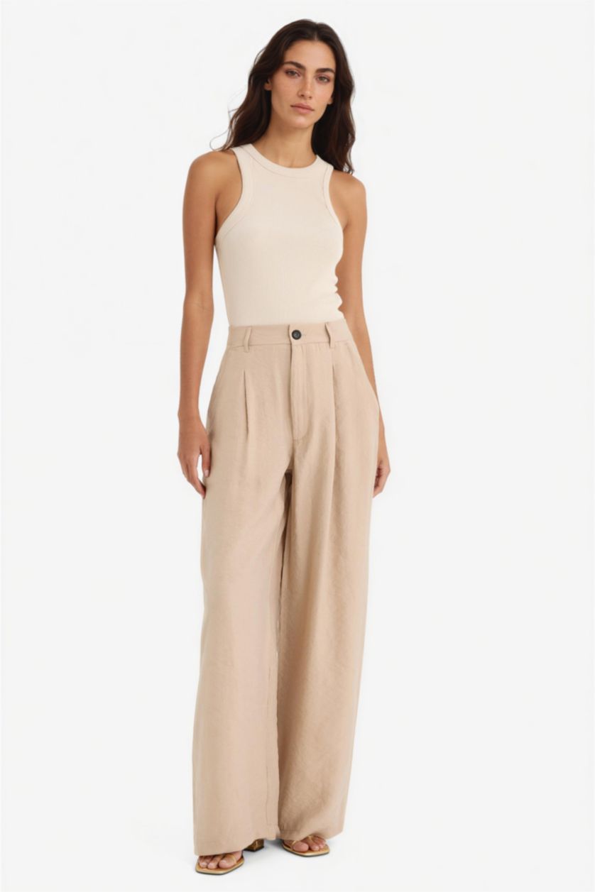 WOMAN Beige Carrot Fit High Waist Wide Leg Modal Fabric Trousers