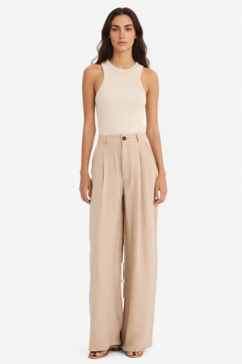 WOMAN Beige Carrot Fit High Waist Wide Leg Modal Fabric Trousers