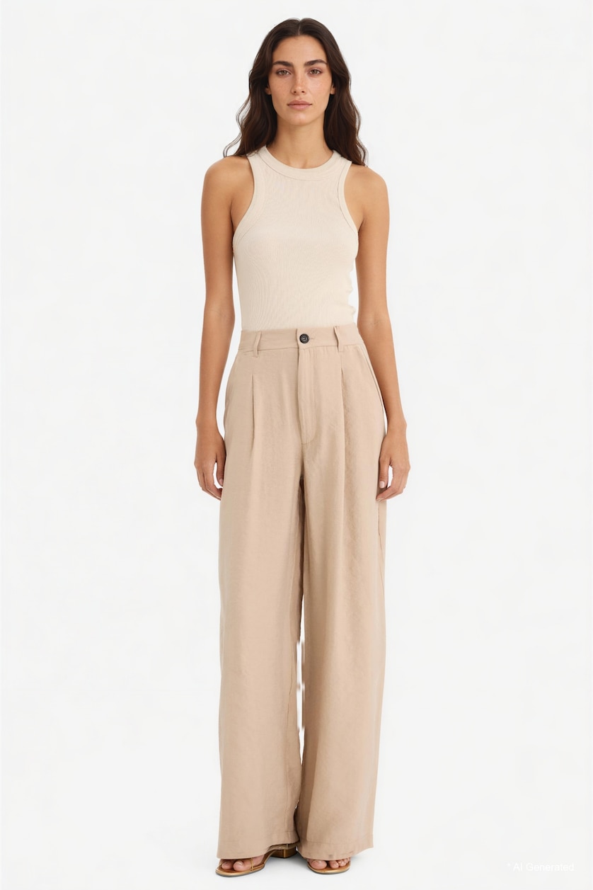 Women Beige Carrot Fit High Waist Wide Leg Modal Fabric Trousers