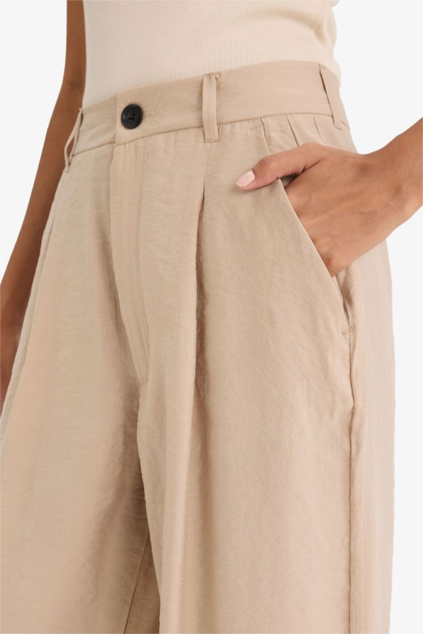 WOMAN Beige Carrot Fit High Waist Wide Leg Modal Fabric Trousers