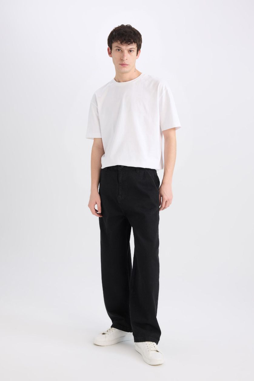 Erkek Siyah %100 Pamuk Skater Fit Geniş Kalıp Yüksek Bel Geniş Paça Siyah Jean Pantolon