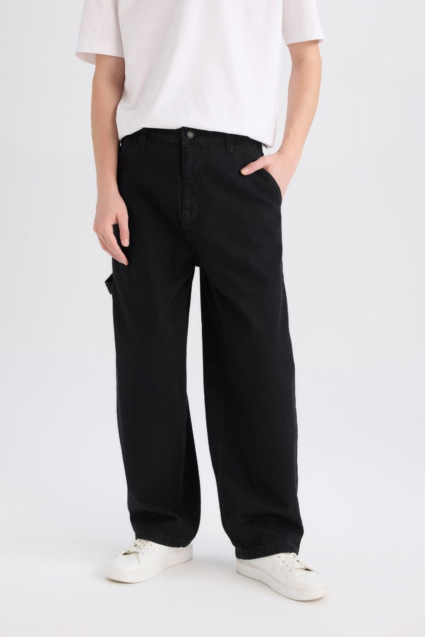 Erkek Siyah %100 Pamuk Skater Fit Geniş Kalıp Yüksek Bel Geniş Paça Siyah Jean Pantolon