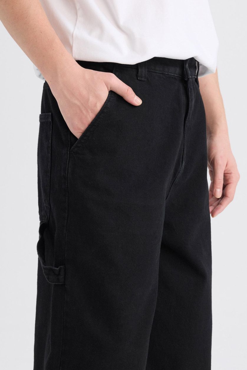 Erkek Siyah %100 Pamuk Skater Fit Geniş Kalıp Yüksek Bel Geniş Paça Siyah Jean Pantolon