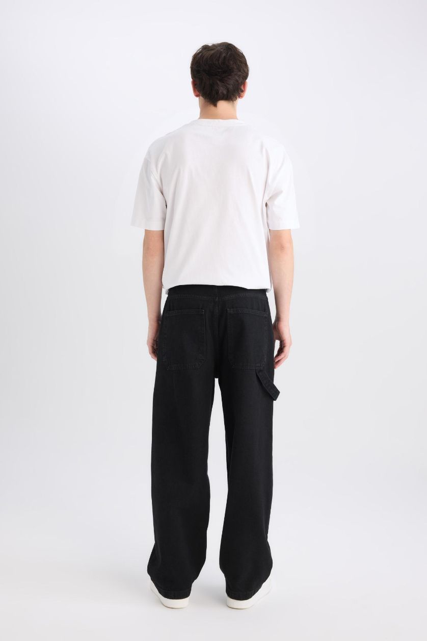 Erkek Siyah %100 Pamuk Skater Fit Geniş Kalıp Yüksek Bel Geniş Paça Siyah Jean Pantolon