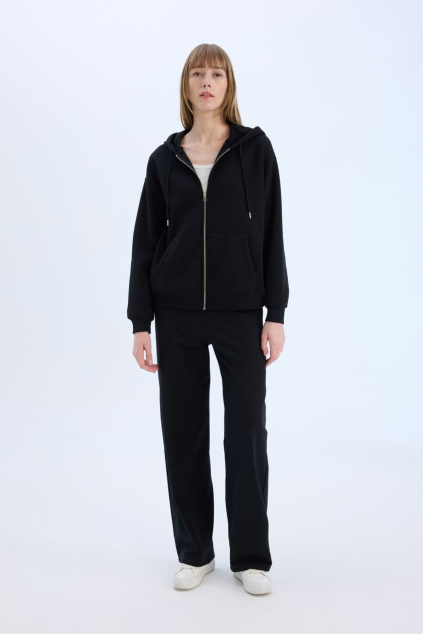 Women Black Straight Fit Thin Sweatshirt Fabric Trousers
