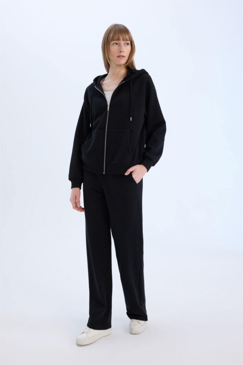 Women Black Straight Fit Thin Sweatshirt Fabric Trousers