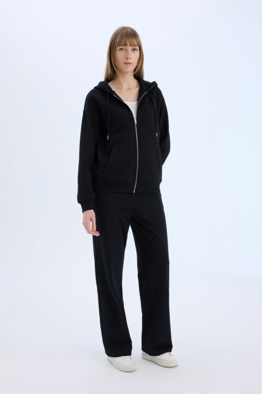 Women Black Straight Fit Thin Sweatshirt Fabric Trousers
