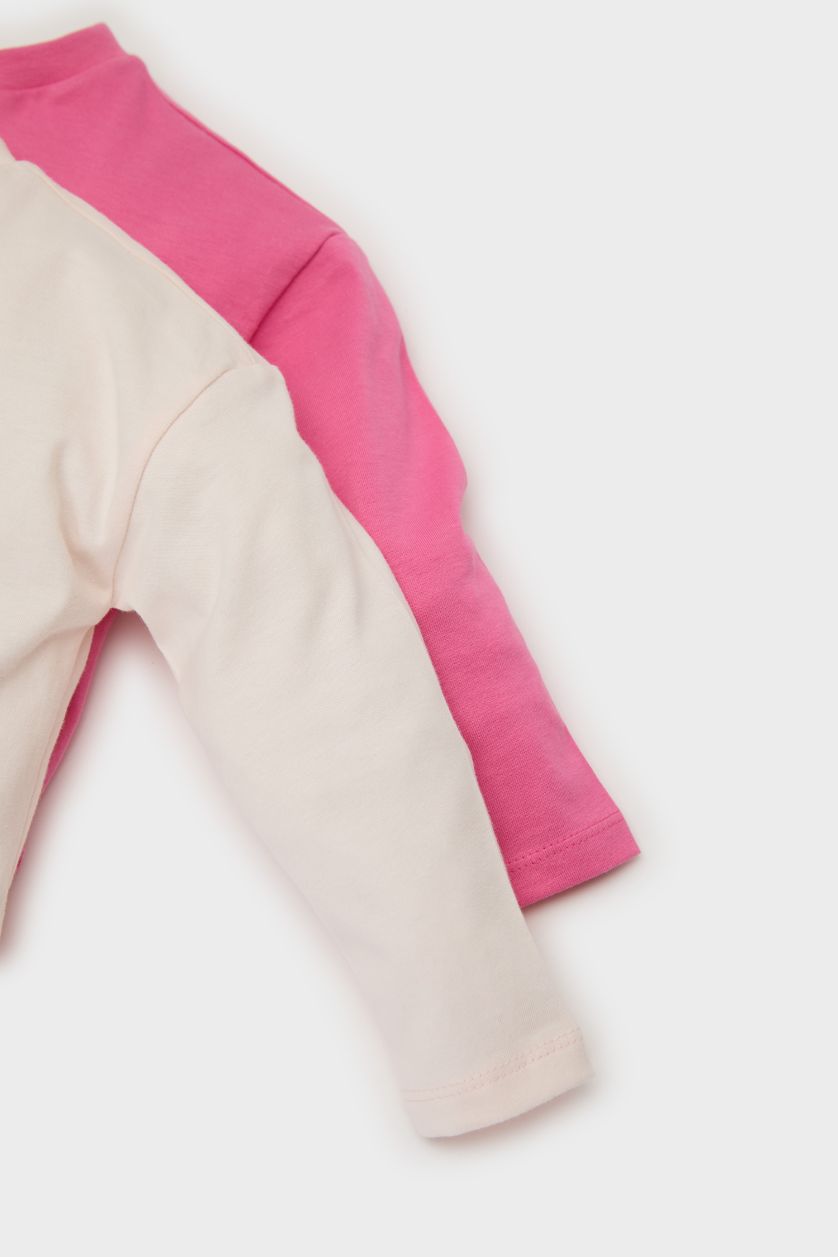 Kız Bebek Açık Pembe Bisiklet Yaka Dinozor Baskılı Penye 2'li Uzun Kollu Tişört Kız Bebek Yenidoğan