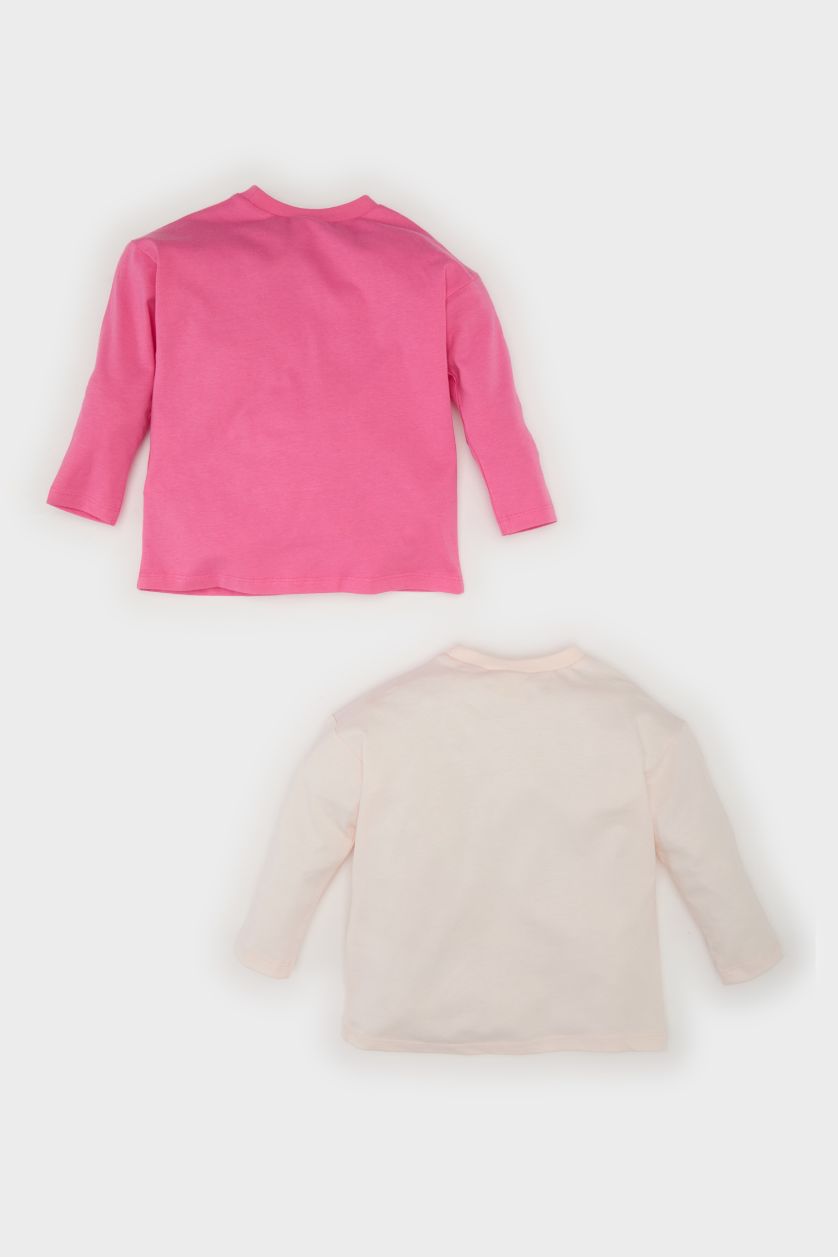 Kız Bebek Açık Pembe Bisiklet Yaka Dinozor Baskılı Penye 2'li Uzun Kollu Tişört Kız Bebek Yenidoğan