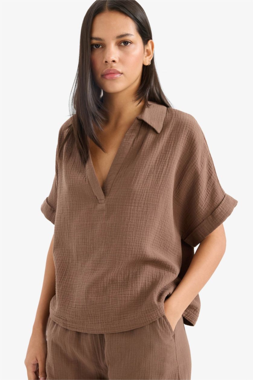 WOMAN Brown Regular Fit Flap Collar Short Sleeve Blouse
