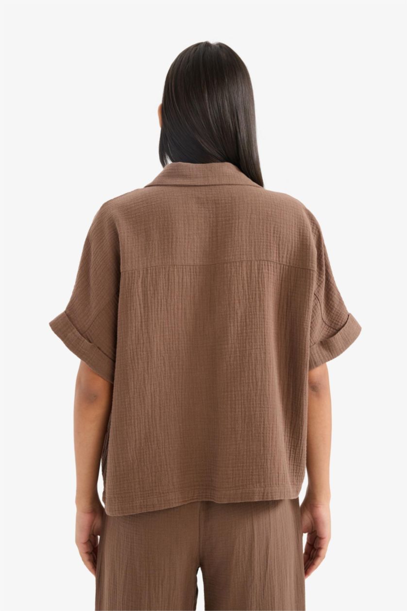 WOMAN Brown Regular Fit Flap Collar Short Sleeve Blouse