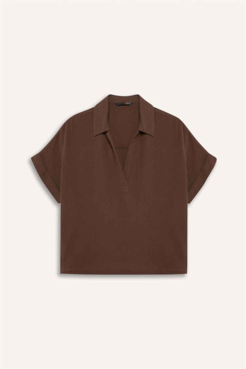 WOMAN Brown Regular Fit Flap Collar Short Sleeve Blouse