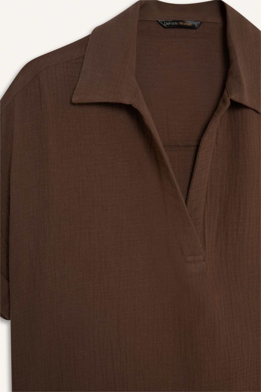 WOMAN Brown Regular Fit Flap Collar Short Sleeve Blouse