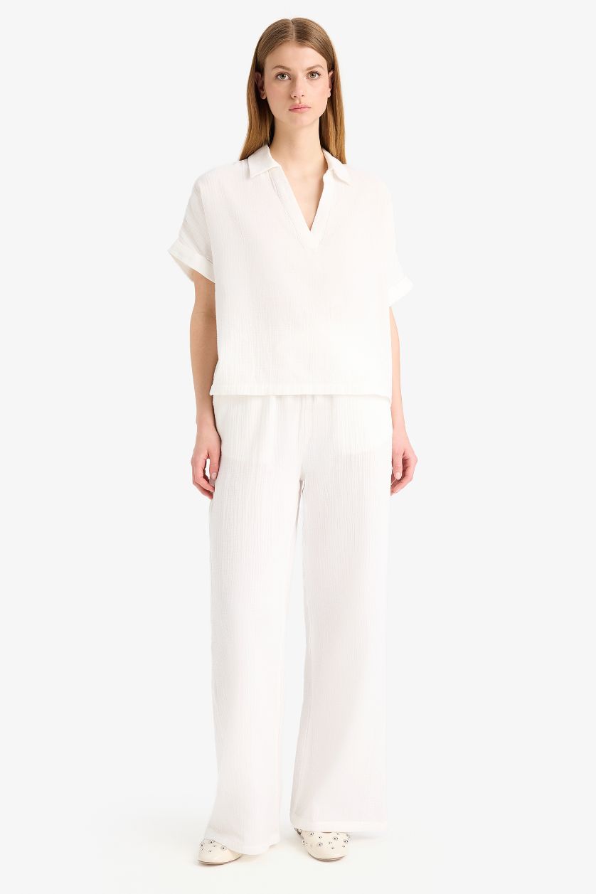 WOMAN White Regular Fit Flap Collar Short Sleeve Blouse