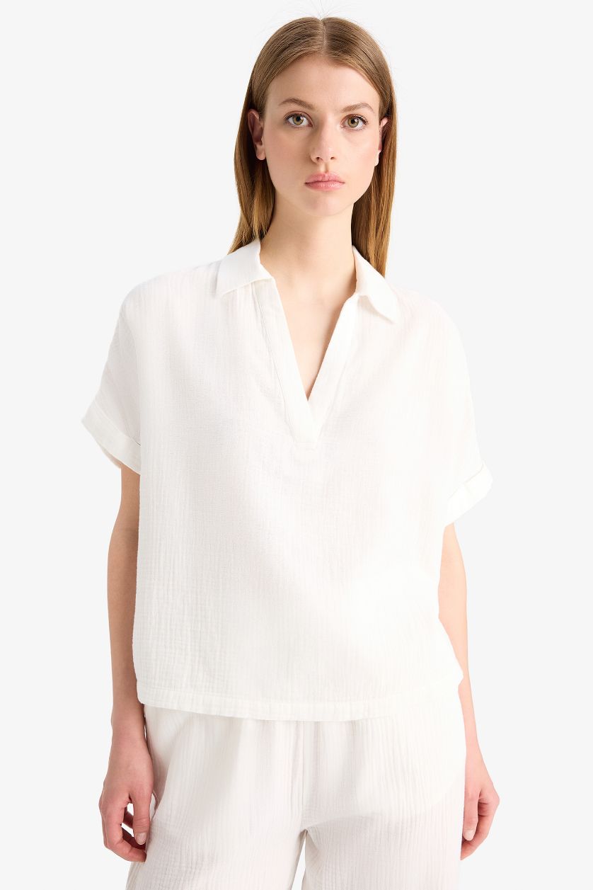 WOMAN White Regular Fit Flap Collar Short Sleeve Blouse