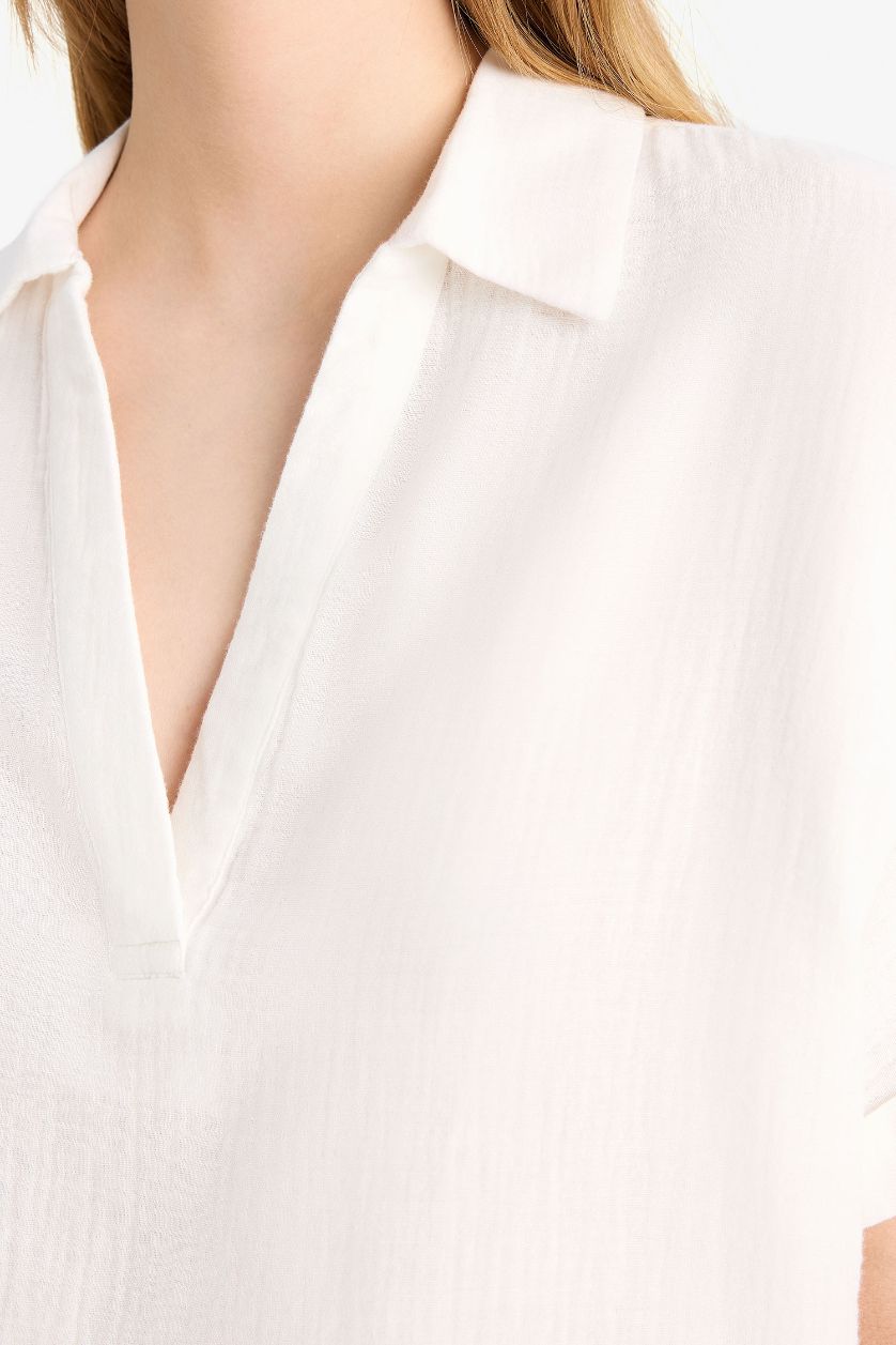 WOMAN White Regular Fit Flap Collar Short Sleeve Blouse