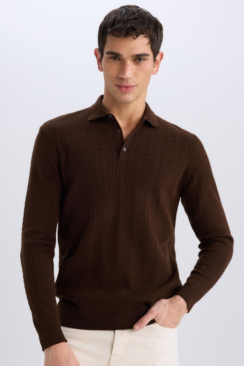 Man Brown Standard Fit Polo Collar Knitwear Pullover