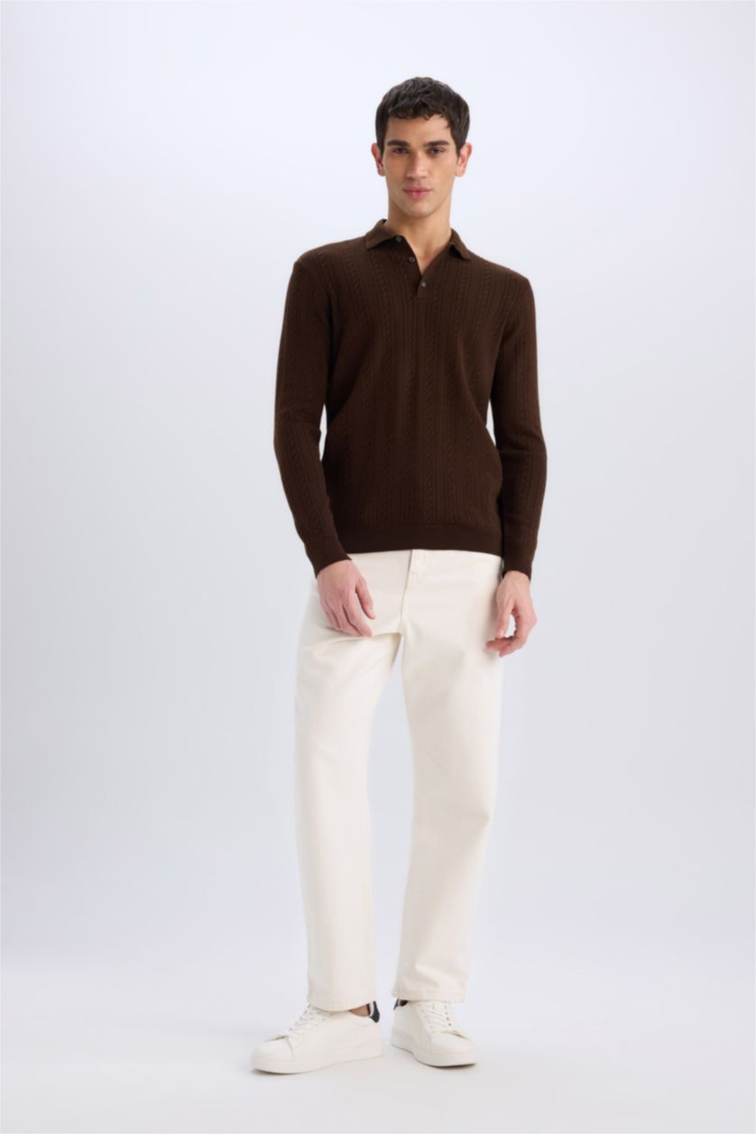 Man Brown Standard Fit Polo Collar Knitwear Pullover
