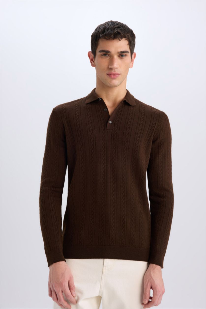 Man Brown Standard Fit Polo Collar Knitwear Pullover