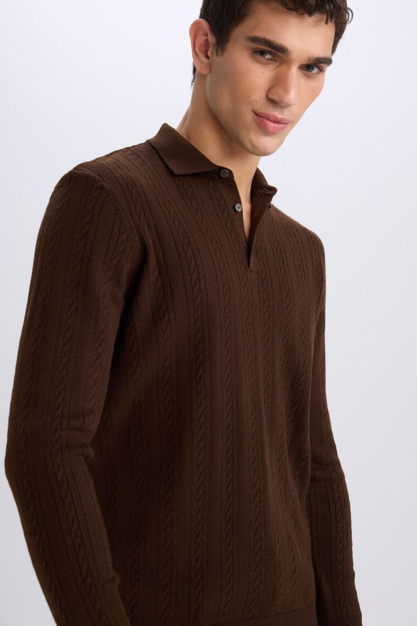 Man Brown Standard Fit Polo Collar Knitwear Pullover