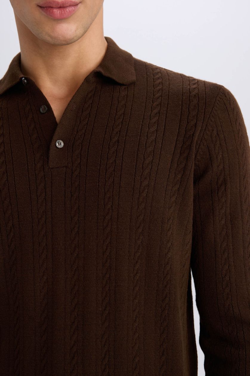 Man Brown Standard Fit Polo Collar Knitwear Pullover