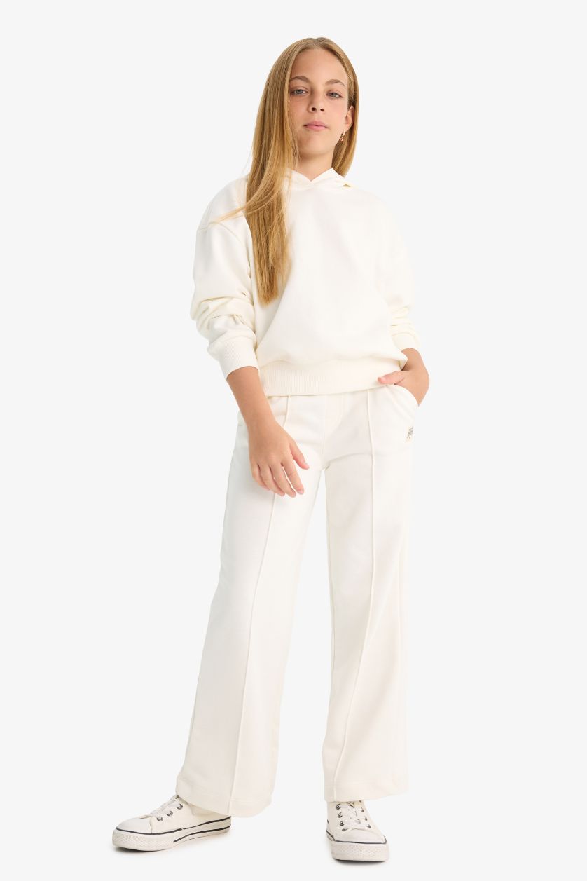 Kız Çocuk - Genç Kız Ekru Wide Leg Geniş Paça Okul Eşofman Altı Kız Çocuk