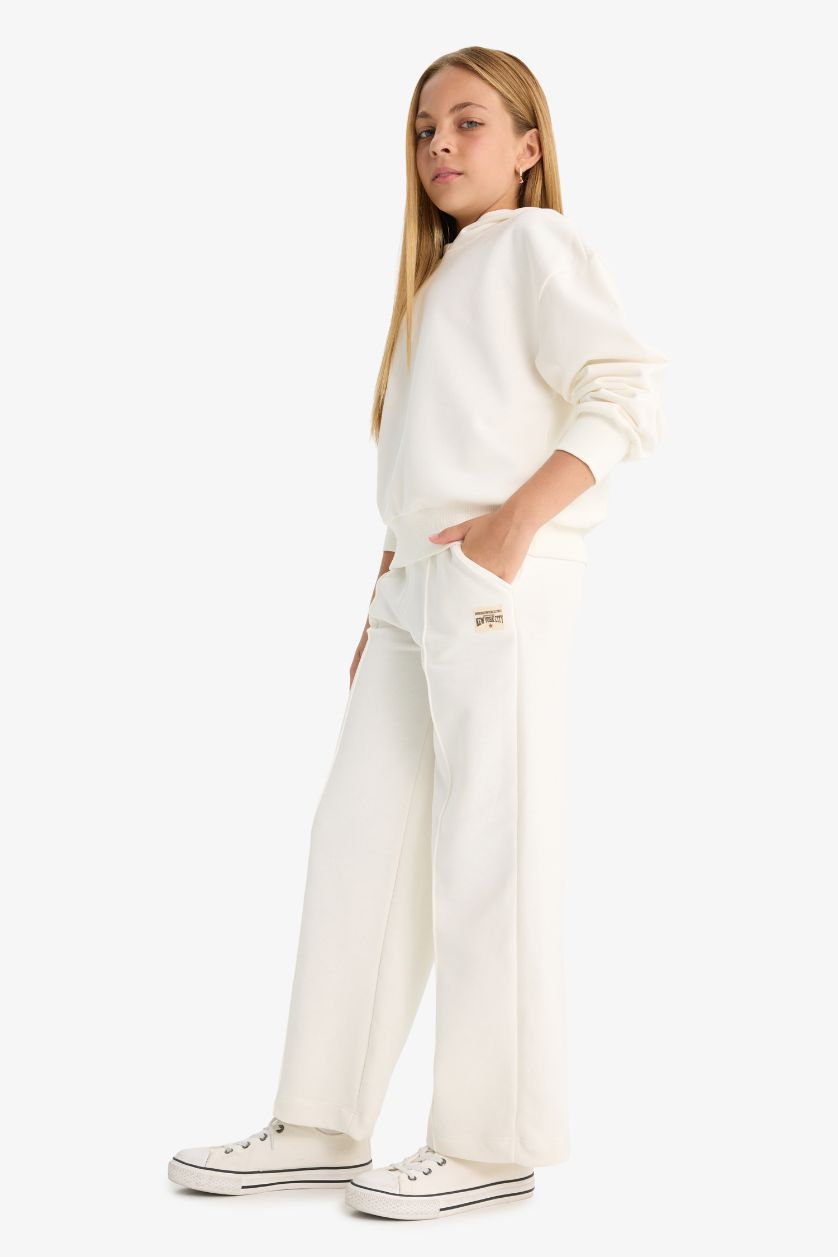 Kız Çocuk - Genç Kız Ekru Wide Leg Geniş Paça Okul Eşofman Altı Kız Çocuk