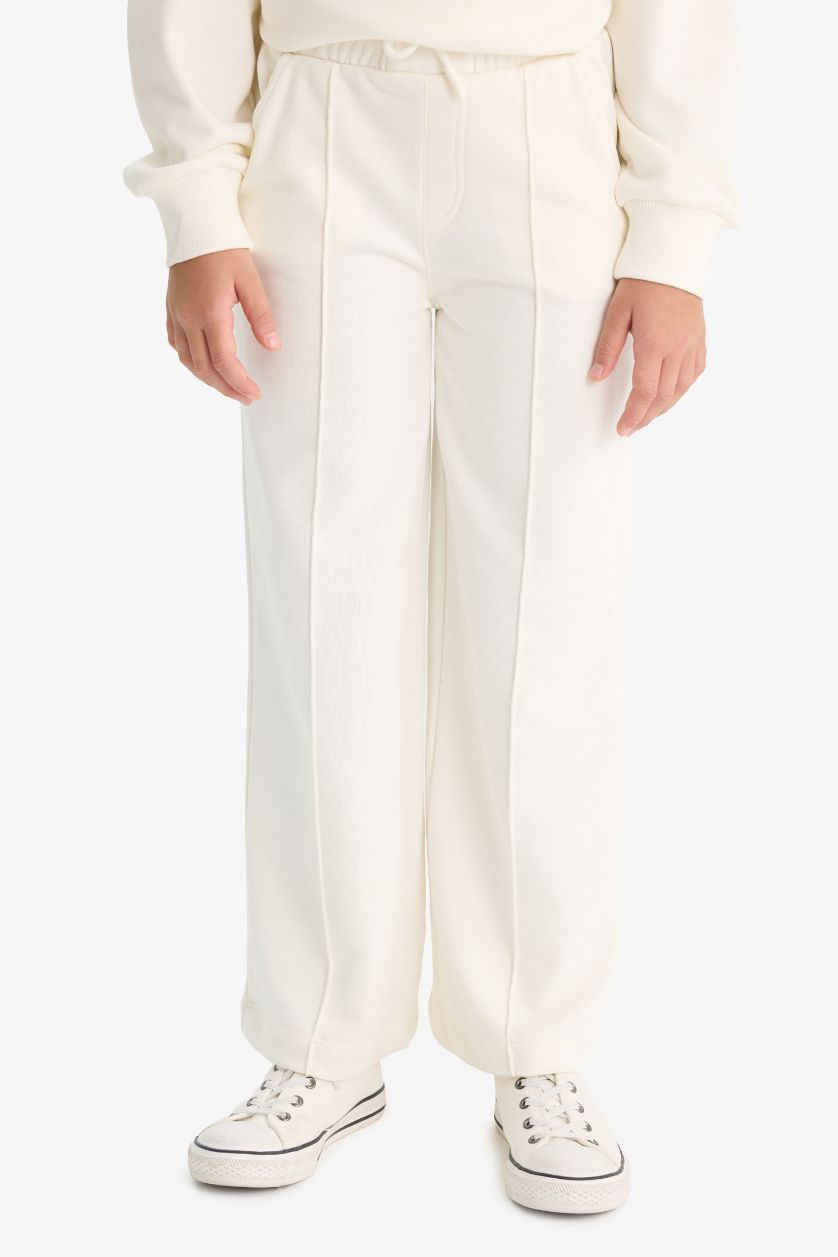 Kız Çocuk - Genç Kız Ekru Wide Leg Geniş Paça Okul Eşofman Altı Kız Çocuk