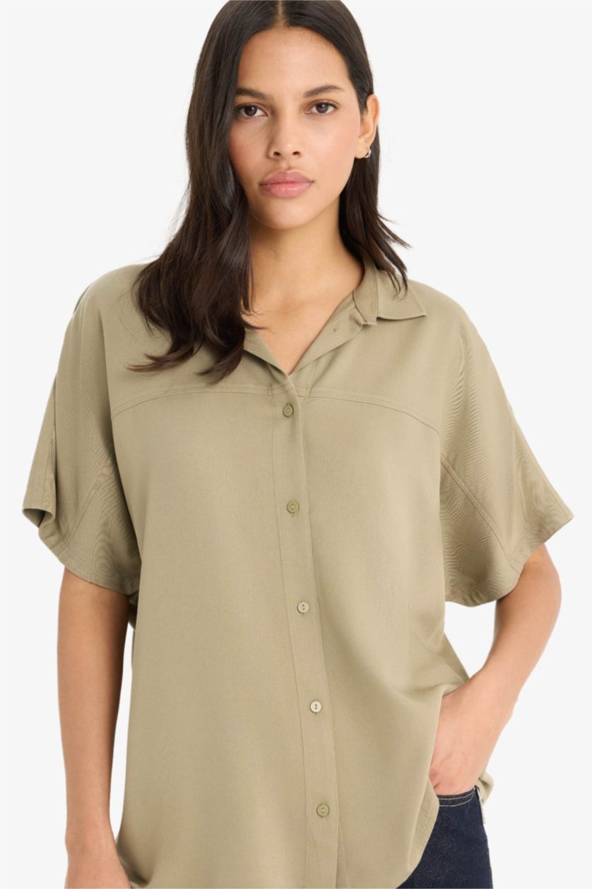 WOMAN Light Khaki Boxy Fit Shirt Collar Belmando Short Sleeve Shirt