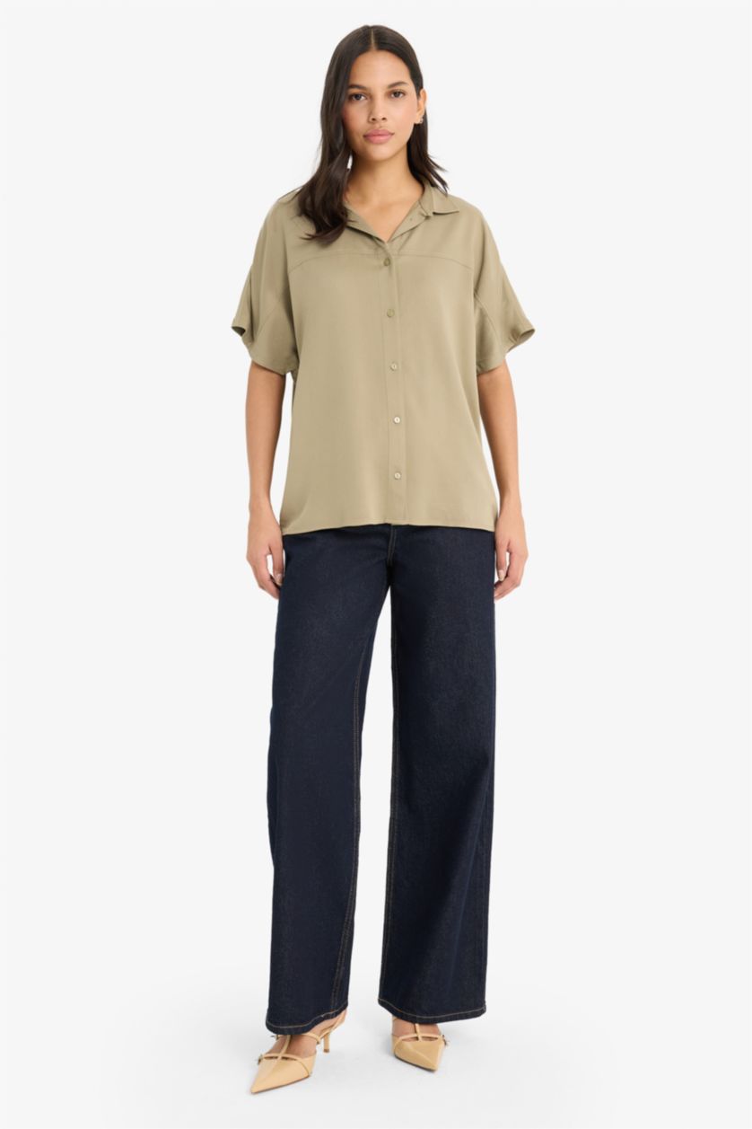 WOMAN Light Khaki Boxy Fit Shirt Collar Belmando Short Sleeve Shirt