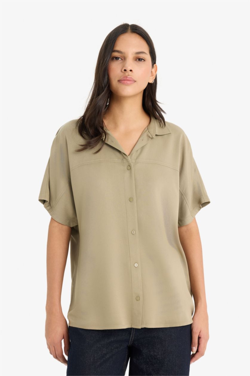 WOMAN Light Khaki Boxy Fit Shirt Collar Belmando Short Sleeve Shirt