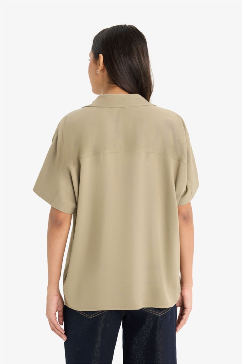WOMAN Light Khaki Boxy Fit Shirt Collar Belmando Short Sleeve Shirt