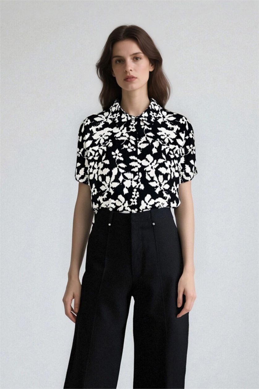 نساء أسود قميص نص ردن مطبوع قصة عادية