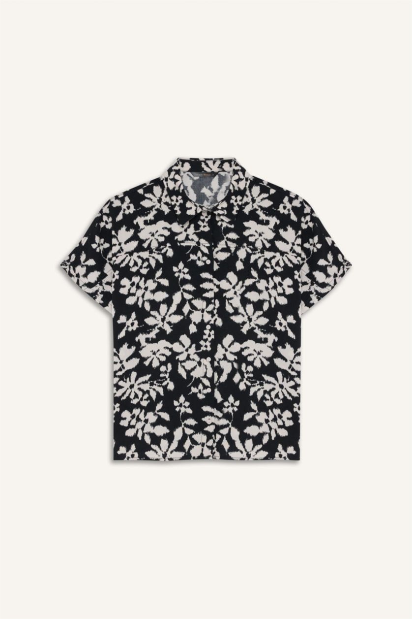 نساء أسود قميص نص ردن مطبوع قصة عادية