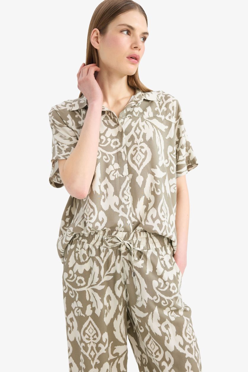 WOMAN Light Khaki Regular Fit Shirt Collar Printed Short Sleeve Shirt