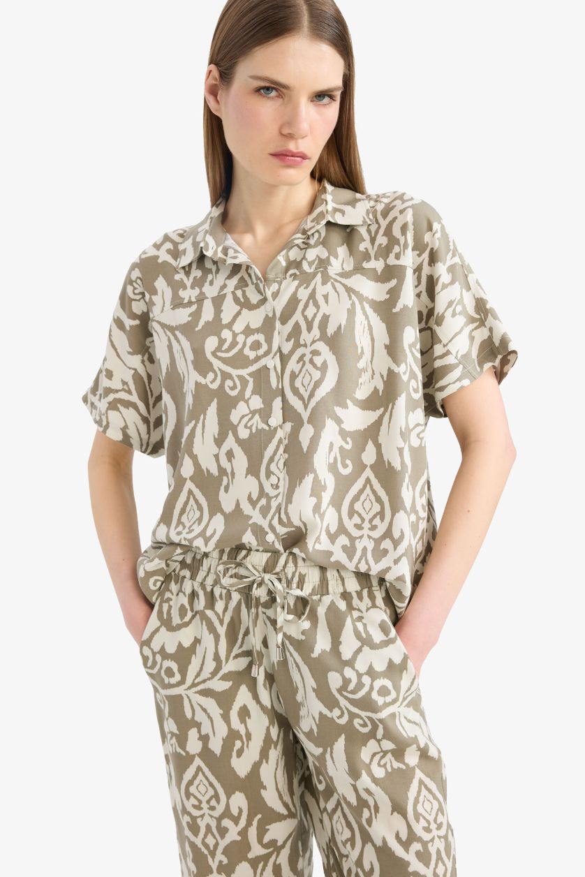 WOMAN Light Khaki Regular Fit Shirt Collar Printed Short Sleeve Shirt