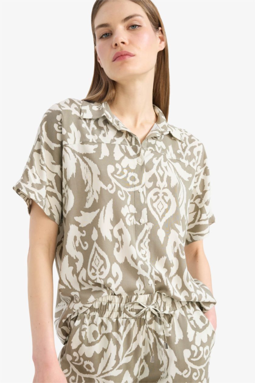 WOMAN Light Khaki Regular Fit Shirt Collar Printed Short Sleeve Shirt