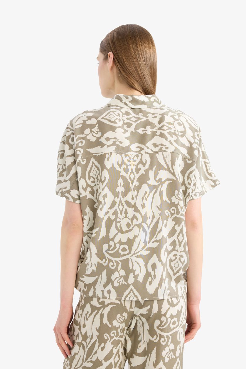 WOMAN Light Khaki Regular Fit Shirt Collar Printed Short Sleeve Shirt